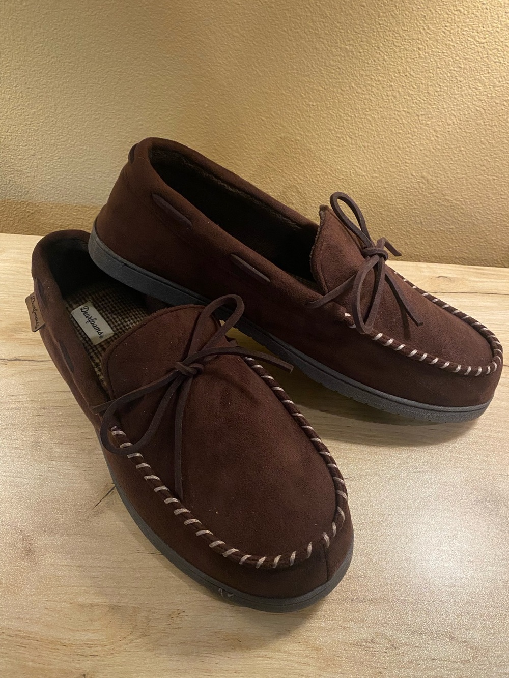 DEARFOAMS mens XL 13 14 Leather Moccasin Slip-On Loafers in Brown. Worn 1 time